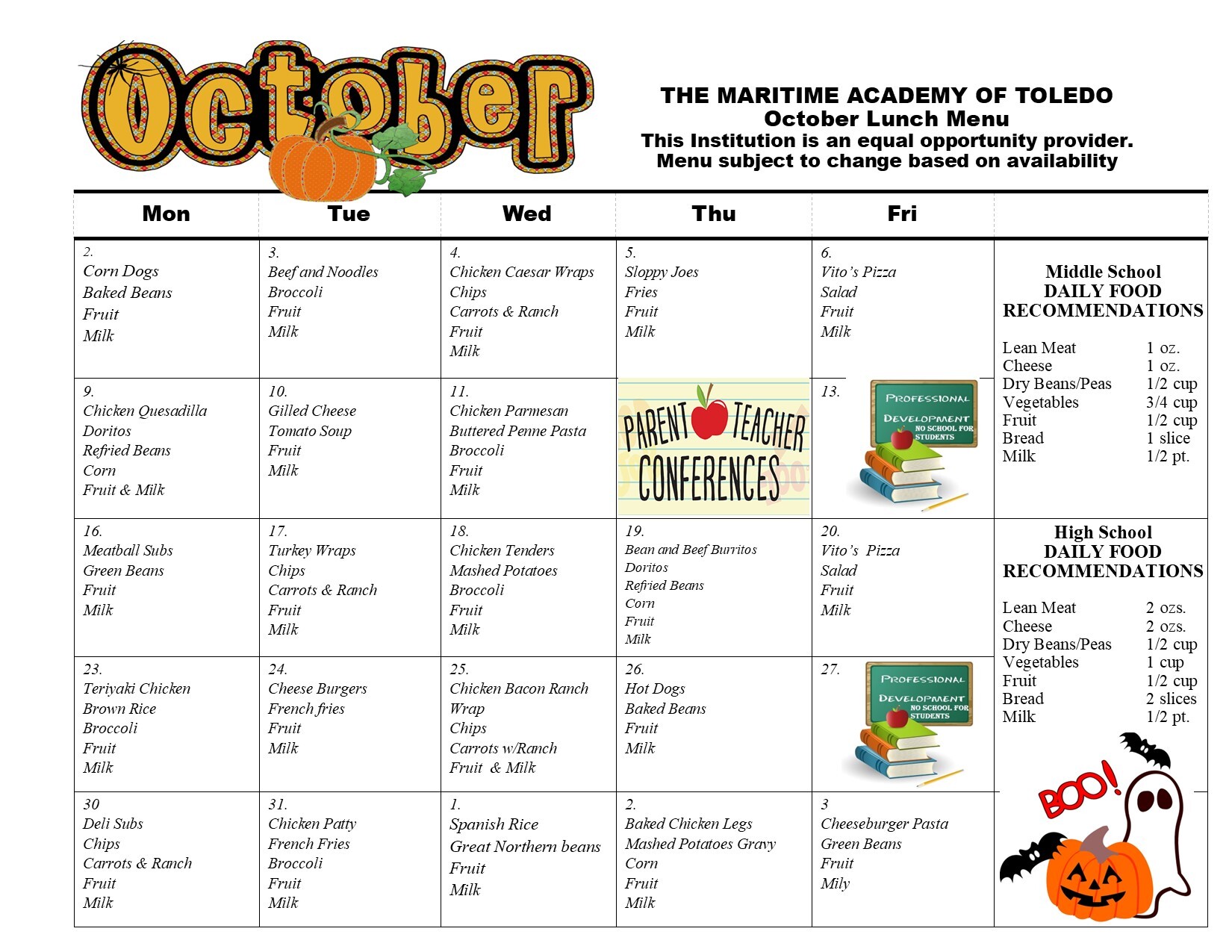October Lunch Menu.