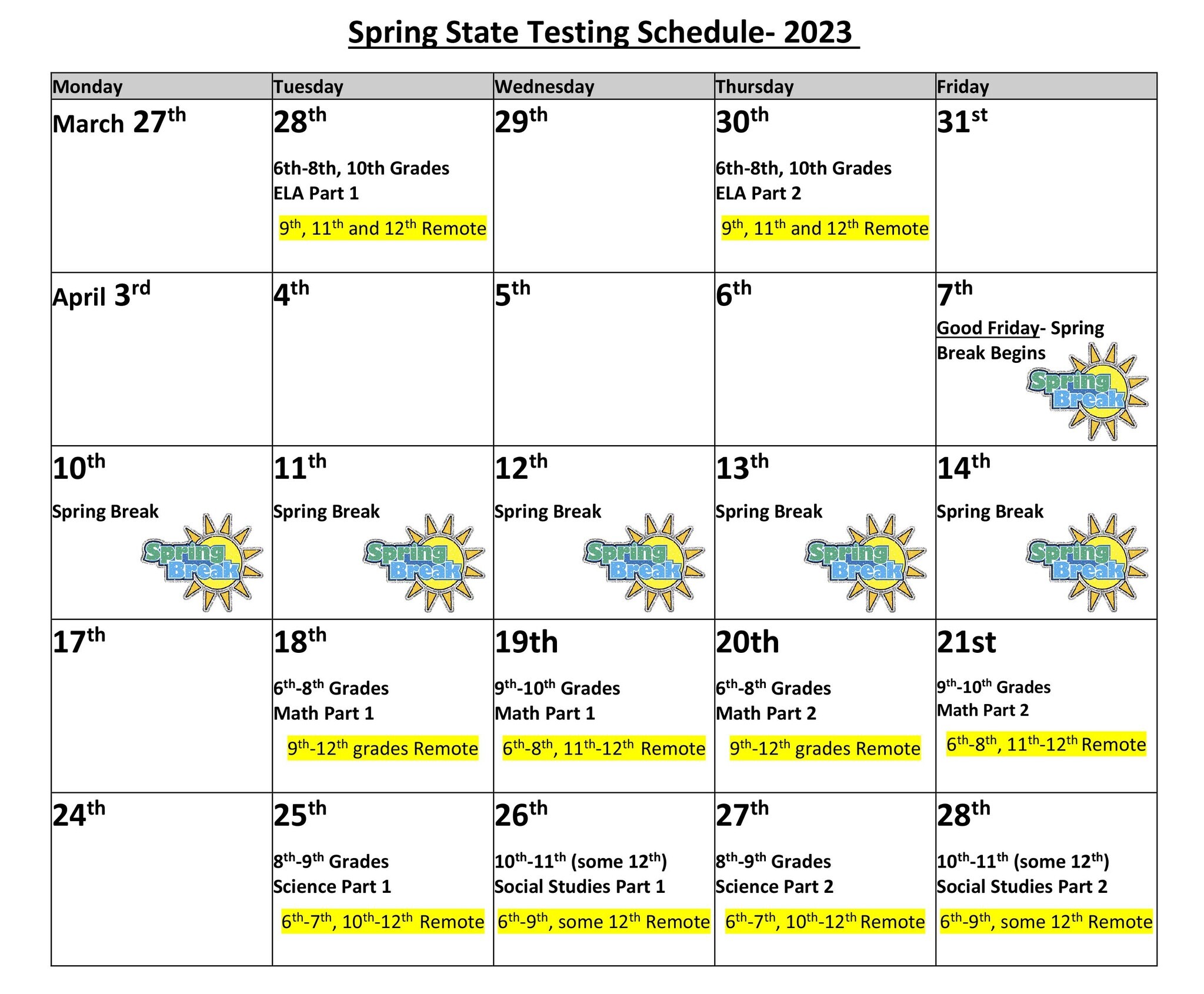 2023 Spring State Testing Schedule